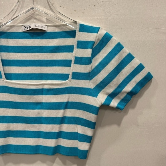 Zara Square Neck Crop Top Blue White Stripe Large - Picture 3 of 6